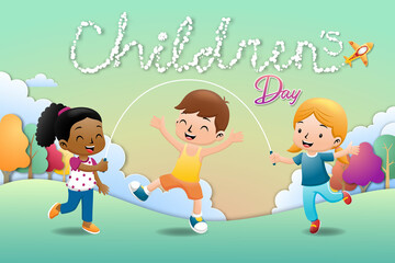 Cartoon of little kids playing jump rope at the park