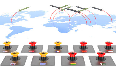 States with nuclear weapons 9 launch buttons 3D rendering