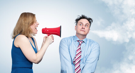 Emotional woman screaming through a red megaphone at a frightened man in a shirt and tie with steam...