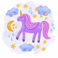 Cute bright unicorn with clouds moon  stars  on a blue watercolor background. Perfect for t-shirt designs invitations posters postcards and prints for mugs pillows.