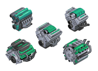 Set of engines of different levels on white background. Car engine in isometry. Detailed 3d engine in cartoon style. Tuned engine. EPS 10 vector illustration