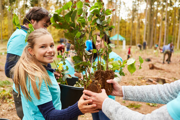Girl volunteers to help plant a tree in a team