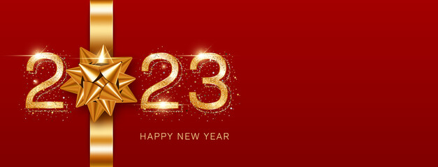 2023 New Year card template with golden gift ribbon and glittering numbers on red background