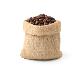 Roasted Coffee beans in sack isolated on white background.