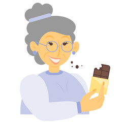 Vector illustration of an elderly woman in glasses with a chocolate bar in her hands. A woman in a blue dress is eating a chocolate bar. Isolated