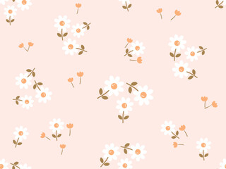 Seamless pattern with daisies, leaves and tulip  flower on orange background vector.