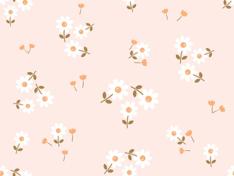 Seamless pattern with daisies, leaves and tulip  flower on orange background vector.