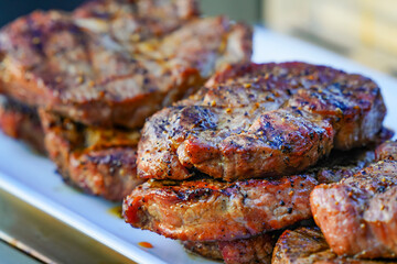 Burned Juicy Steaks barbecue Sizzle on with Salt and Black Peppers