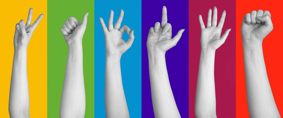 Collage of various hand gestures. Desaturated woman hand showing various hand palm gestures in various vivid colorful backgrounds with copy space