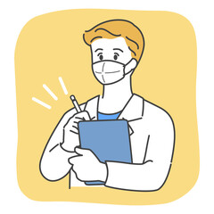ペンを持っているマスクをした白衣の医者　シンプルでおしゃれなイラスト