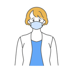 マスクを着けた白衣の女性　シンプルな正面イラスト