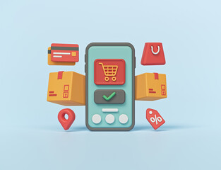 3d render. online Shopping on smartphone. advertising banner. minimal cartoon style design.
