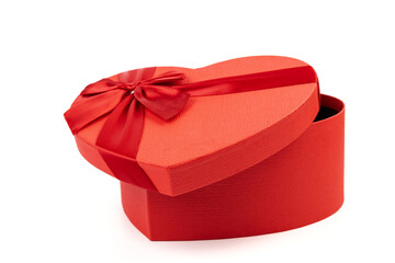 Red box in shape of heart. Gift box for Valentine's Day. Isolated on white background.