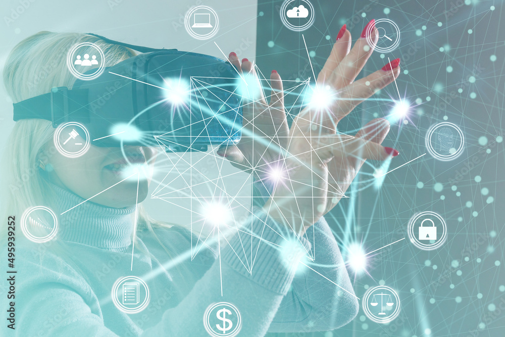 Poster digital communication and virtual screen metaverse technology concept web 3.0.hand touch globe inter