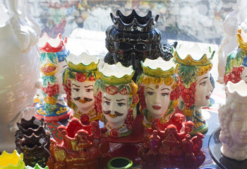  Vases of Caltagirone and typical sicilian ceramic souvenirs for sale in Taormina, Sicily, Italy