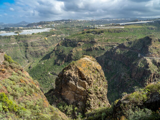 View from the Cenobio Valeron cave village in Los Palmos, Canary islands Spain