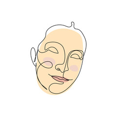 Female face single line drawing and pastel abstract shapes composition. Portrait of young beautiful girl line art.