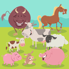 cartoon farm animal characters group in the meadow