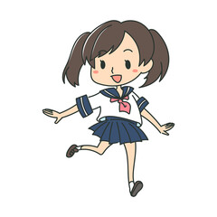 笑顔で走る女子高生のイラスト　セーラー服　カラー