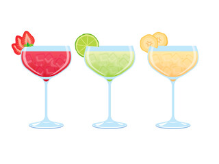 Strawberry, lime and banana drink icon set vector. Set of alcoholic daiquiri cocktails isolated on a white background. Fruits fresh cocktail collection. Summer alcoholic drinks vector