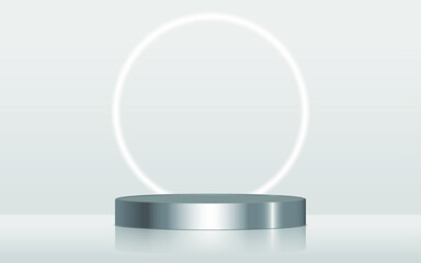 Realistic silver chrome blank product podium scene isolated with round neon light on background. Iron cylinder mock up scene. Geometric metallic round shape for product branding. 3d illustration
