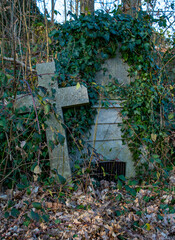 Von Pflanzen umranktes Steinkreuz auf dem alten Friedhof in Gülzow