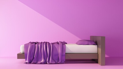 beam of light falls on a stylish bed on a purple background
