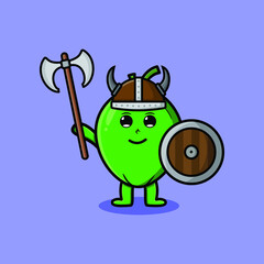Cute cartoon character Coconut viking pirate with hat and holding ax and shield in modern design 