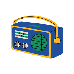 Retro radio, blue color. Old device for broadcasting information and music. Hand drawn colorful vector illustration isolated on white background in modern flat cartoon style.