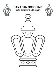 Printable Islamic month Ramadan Children Coloring book page, Ramadan Worksheet for kids. Ramadan kareem Sketch outline black and white version. Kids education. Vector illustration