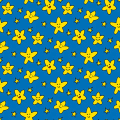 Seamless pattern with cute smiling yellow stars on blue backgound. Vector image.