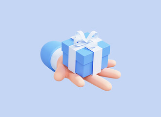 3D Cartoon Hand holding Gift box with ribbon and bow. Сharacter gives or receives surprise. Gift give away. Holiday present concept. Isolated icon on blue background. 3D Rendering