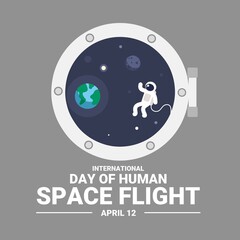 Vector illustration of astronaut from behind a spaceship window on a planetary background, as a banner or poster, International Day of Human Space Flight.