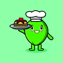 Cute Cartoon chef Coconut character serving cake on tray cute style design in 3d cartoon style concept