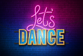 Lets Dance Vector Illustration with Bright Neon Light Lettering on Brick Wall Background. April 29 Dance Day Celebration Design Template for Banner, Flyer, Invitation, Brochure, Poster or Greeting