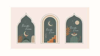 Ramadan Kareem greeting card illustration design vector template. Set of Ramadan Mubarak modern cards with retro boho style design, islamic frame, crescent, mosque, moon and desert.