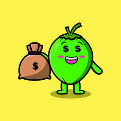 Cute cartoon Crazy rich Coconut with money bag shaped funny in modern design