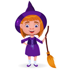 Cute little red-haired witch with a broom. Vector isolated character on a white background. Magic Halloween character.