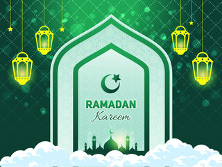 Stylish Islamic festival background for Ramadan Kareem season with mosque and lamp design