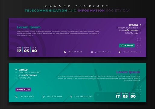 Web banner template for telecommunication and information society in purple and green background