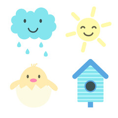 Set of spring elements. Smiling cloud, sun, baby bird in egg and birdhouse. Print for sticker pack, clothes, textile, seasonal design and decor. Illustration in pastel colors. 