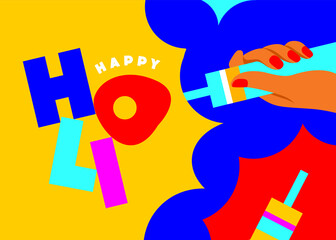 Happy Holi. Holi hai. Indian festival of colors, poster, banner, template. water guns, splashes with typo