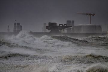 Harbor wall during heavy storm