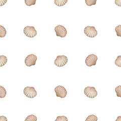 Watercolor seamless pattern with vintage seashells isolated on white background. Marine collection.