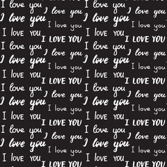 Seamless pattern with different types of I love you inscription. Black and white colors. Hand drawn lettering. Romantic print for wedding or Valentines Day. Print for textile, gift wrap, decor. 