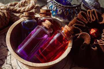 Magic potions in glass bottles