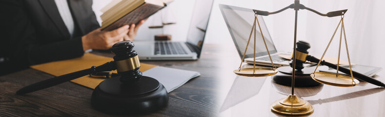 justice and law concept.Male judge in a courtroom on wooden table and Counselor or Male lawyer working in office. Legal law, advice and justice concept.