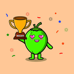 Cute Cartoon character illustration of Coconut is holding up the golden trophy with happy gesture, cute modern style design