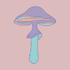 Magic mushroom. Psychedelic hallucination. Vector illustration in pastel colors isolated. 60s trippy hippie art for sticker, patch or poster design.