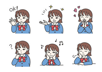 様々な表情を見せる若い女性のイラストセット_A03【カラー／リボン付きの制服】